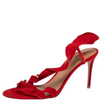 Pre Owned Aquazzura Red Suede Ruffled Open Toe Sandals Size 38.5