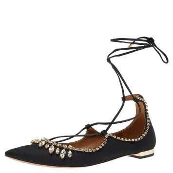 Pre Owned Aquazzura Alexa Black Satin Crystal Embellished Ankle Strap Flats Size 36.5 