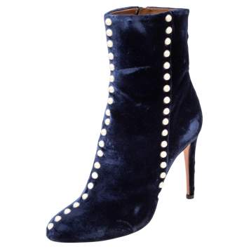 Pre Owned Aquazzura Navy Blue Velvet Follie Pearls Ankle Boots Size 38