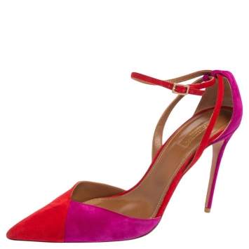 Pre Owned Aquazzura Red/Purple Suede Pointed Toe Ankle Wrap Sandals Size 41
