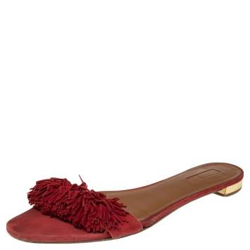Pre Owned Aquazzura Black Suede Wild Thing Fringe Flat Slide Size 42