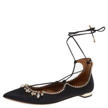 Pre Owned Aquazzura Black Satin Crystal Embellished Ankle Wrap Pointed Toe Ballet Flats Size 41