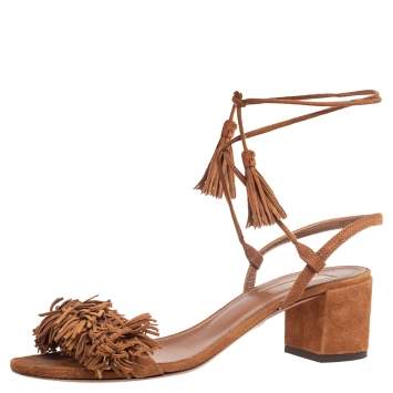 Pre Owned Aquazzura Brown Suede Wild Thing Ankle Wrap Sandals Size 38