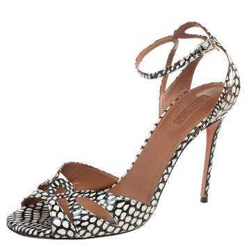 Pre Owned Aquazzura White/Black Python Embossed Leather Ankle Strap Sandals Size 41