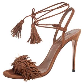 Pre Owned Aquazzura Brown Fringed Suede Wild Thing Ankle Wrap Sandals Size 37