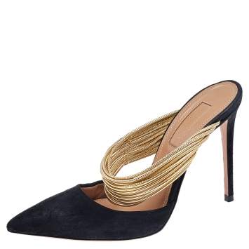 Pre Owned Aquazzura Black-Gold Suede And Leather Rendez Vous Mules Size 35