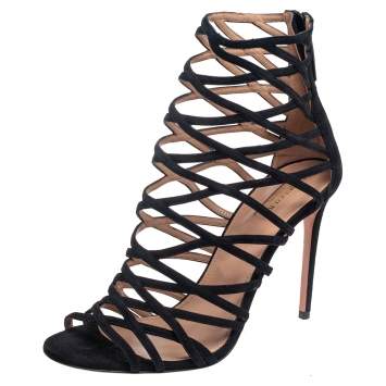 Pre Owned Aquazzura Black Suede Knockout Caged Sandals Size 40.5