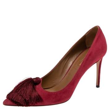 Pre Owned Aquazzura Pomegranate Red Suede Fringe Tie Pointed Toe Pumps Size 38.5