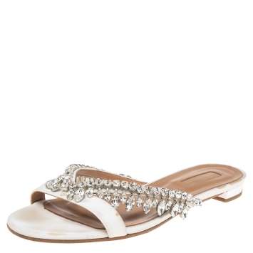 Pre Owned Aquazzura White Canvas Crystal Embellished Slide Sandals Size 38.5