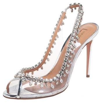 Pre Owned Aquazzura Silver PVC And Leather Crystal Embellished Temptation Sandals Size 38