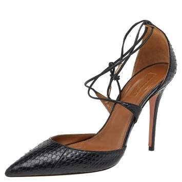 Pre Owned Aquazzura Black Python Embossed Leather Ankle Tie Up Pointed Toe Sandals Size 38.5