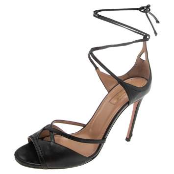Pre Owned Aquazzura Black Leather Nathalie Ankle Wrap Sandals Size 36.5