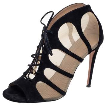 Pre Owned Aquazzura Black Suede And Mesh Elia Booties Size 39
