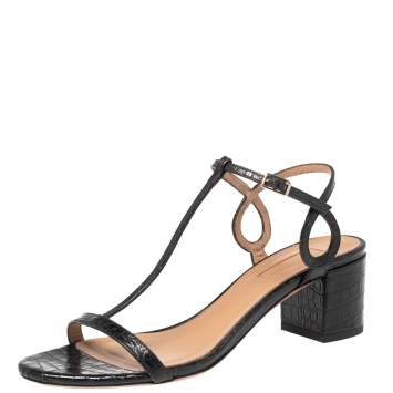 Pre Owned Aquazzura Black Croc Embossed Leather Almost Bare Sandals Size 38