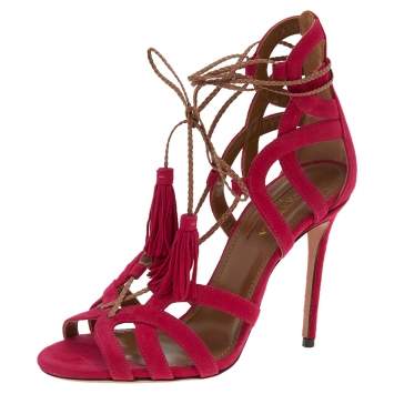 Pre Owned Aquazzura Pink Suede Ooh Lace Up Sandals Size 35