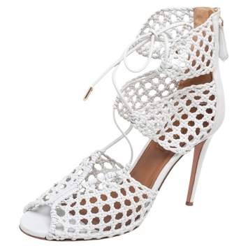 Pre Owned Aquazzura White Woven Leather Be My Lover Ankle Length Sandals Size 39.5