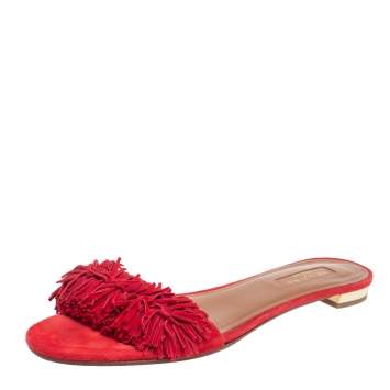 Pre Owned Aquazzura Red Suede Wild Thing Fringe Trimmed Flat Slides Size 37.5