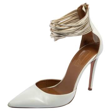 Pre Owned Aquazzura  White Leather Hello Lover Ankle Strap Pumps Size 37