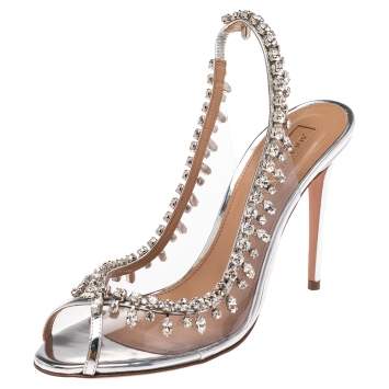 Pre Owned Aquazzura Silver Leather And PVC Temptation Slingback Sandals Size 37