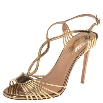 Pre Owned Aquazzura Metallic Gold Leather Josephine Ankle Strap Sandals Size 37.5