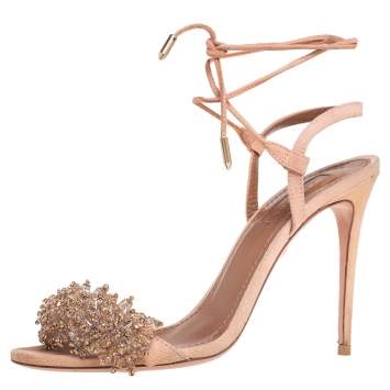 Pre Owned Aquazzura Pink Suede Monaco Embellished  Ankle Wrap Sandals Size 37
