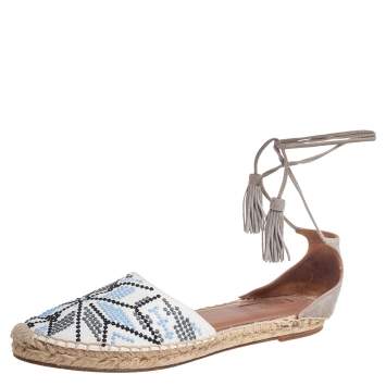 Pre Owned Aquazzura Multicolor Embroidered Canvas and Suede Tassel Ankle Wrap Espadrille Sandals Size 40