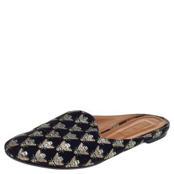 Pre Owned Aquazzura Black Bee Embroidered Fabric Flat Mules Size 39.5