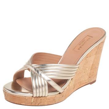 Pre Owned Aquazzura Gold Leather Cork Wedge Sandals  Size 37