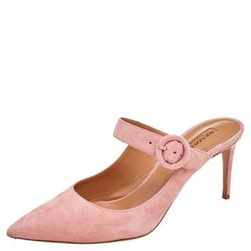 Pre Owned Aquazzura Pink Suede Buckle Mule Sandals Size 39