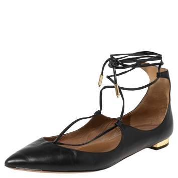 Pre Owned Aquazzura Black Leather Christy Ankle-Wrap Ballet Flats Size 36.5