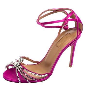 Pre Owned Aquazzura Magenta Satin Crystal Embellished Ankle-Wrap Sandals Size 37