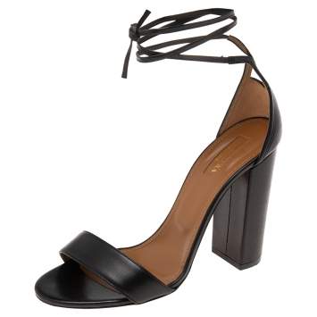 Pre Owned Aquazzura Black  Leather Linda Ankle Wrap Sandals Size 38.5