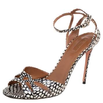 Pre Owned Aquazzura White/Black Python Embossed Leather Open Toe Ankle Strap Sandals Size 41