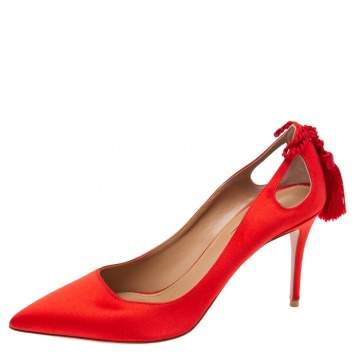 Pre Owned Aquazzura Red Satin Forever Marilyn Cut Out Tassel Detail Pointed Toe Pumps Size 39