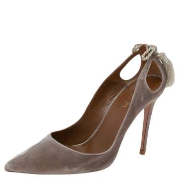 Pre Owned Aquazzura Beige Velvet Forever Marilyn Tassel Pointed Toe Pumps Size 38.5