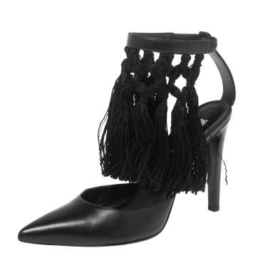 Pre Owned Aquazzura Black  Leather  Fringe Ankle Strap Sandals Size 38.5