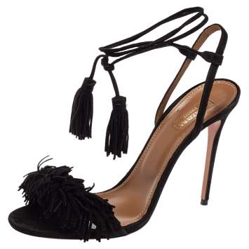 Pre Owned Aquazzura Black Fringed Suede Wild Thing Ankle Wrap Sandals Size 38.5