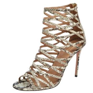 Pre Owned Aquazzura Cream/Brown Python Embossed Leather Knockout Cage Sandals Size 41