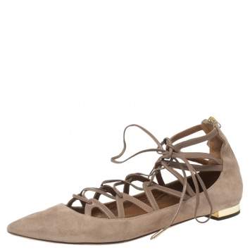 Pre Owned Aquazzura Beige Suede Dancer Lace Up Ballet Flats Size 38