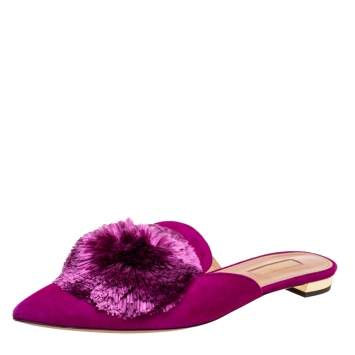 Pre Owned Aquazzura Magenta Suede Powder Puff Pointed-Toe Flat Mules Size 38