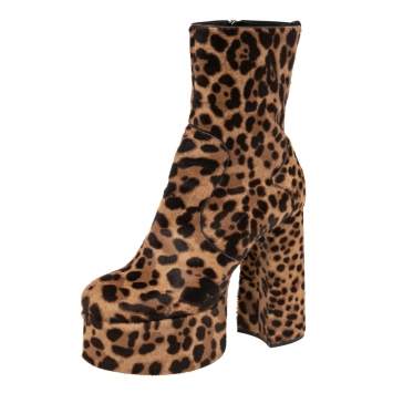 Pre Owned Aquazzura Brown Pony Hair Leopard Print Platform Block Heel Ankle Boots Size 39.5