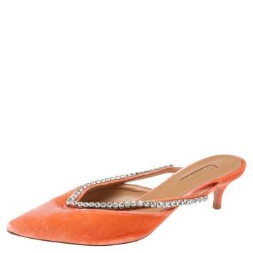 Pre Owned Aquazzura Coral Pink Velvet Sabine Crystal Embellished Mules Size 40 