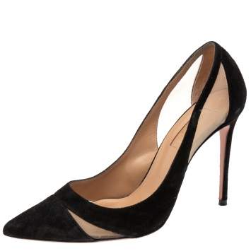 Pre Owned Aquazzura Black Suede And Net Pointed Toe Pumps Size 36