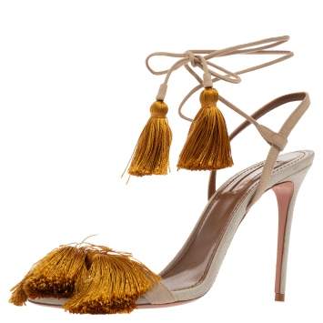 Pre Owned Aquazzura Grey Suede Tassel Accents Sandals Size 39.5