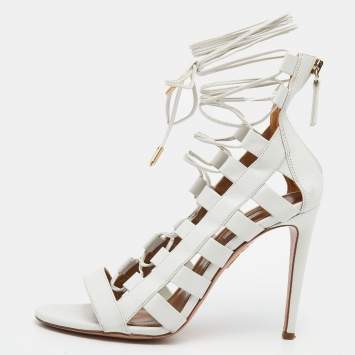 Pre Owned Aquazzura White Leather Amazon Lace-up Sandals Size 37.5