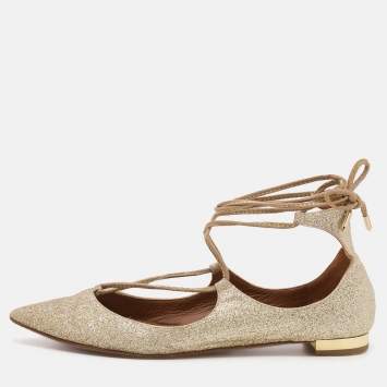 Pre Owned Aquazzura Metallic Gold Glitter Christy Lace Up Pointed Toe Ballet Flats Size 35.5