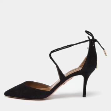 Pre Owned Aquazzura Black Suede Matilde Tie Up Pointed Toe Pumps Size 37.5