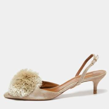 Pre Owned Aquazzura Light Grey Velvet Power Puff  Slingback Sandals Size 39