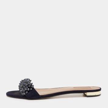 Pre Owned Aquazzura Blue Crystal Embellished Suede Slide Sandals Size 41