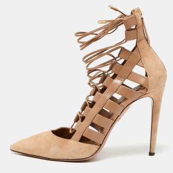 Pre Owned Aquazzura Beige Suede and Leather Amazon Ankle Tie Pumps Size 40
